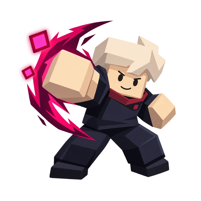 An original blocky fighter with a square head, cuboid fists, simple smiling face, and crimson-violet energy.